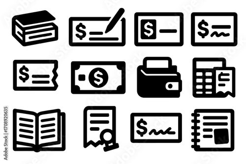Finance documents silhouette icon set. featuring cheque, checkbook, invoice, receipt, and wallet symbols