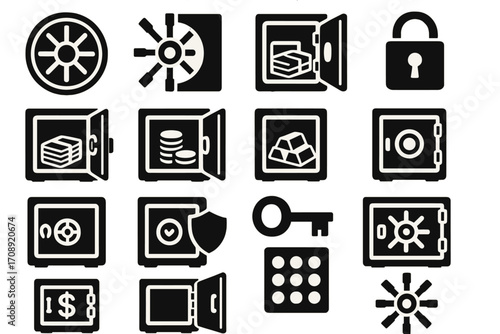 Safety and security silhouette icon set. featuring safe, lock, vault, money, key, and protection symbols