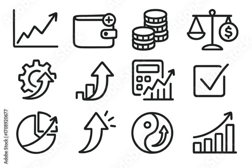 Business and finance linear icon set. featuring growth, wallet, coins, balance, gear, and chart symbols