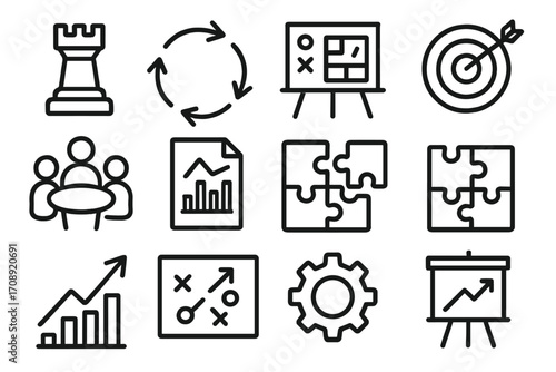 Business strategy linear icon set. featuring chess rook, cycle, presentation, target, team, analytics, puzzle, growth, plan, gear