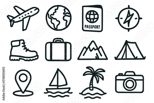 Travel linear icon set. featuring airplane, globe, passport, compass, boot, suitcase, mountain, tent, map, boat, island, camera