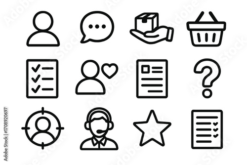 Customer service linear icon set. featuring profile, chat, package, basket, checklist, favorite, support, target, star, query symbols