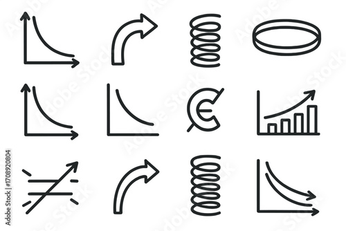 Economics graphs linear icon set. featuring growth, decline, cyclic, pie chart, elasticity, and loop symbols