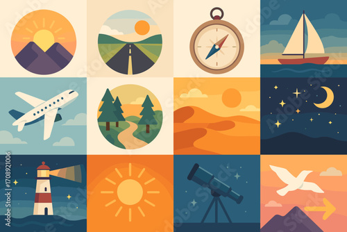Travel and nature flat icon set. featuring sunrise, road, compass, sailboat, airplane, forest, desert, stars, lighthouse, sun, telescope, seagull.