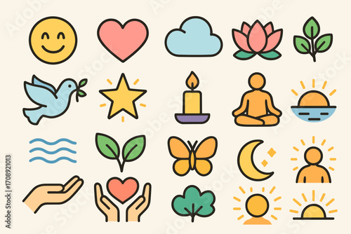 Wellness and nature flat icon set. featuring smiley, heart, cloud, lotus, leaf, peace, star, candle, meditation.