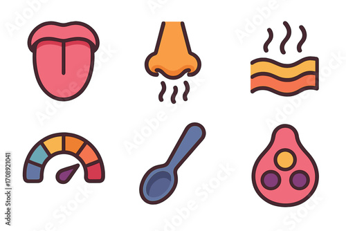 Human senses flat icon set. featuring tongue, nose, taste, smell, bacon, spice, gauge, soup spoon symbols