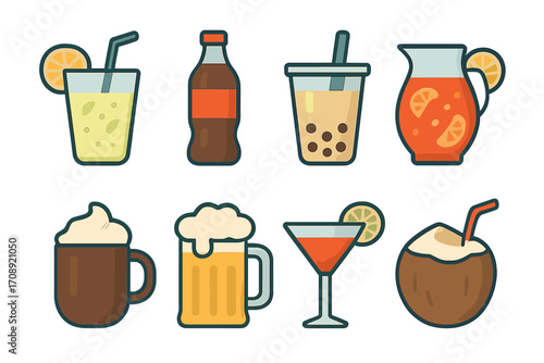 Beverage flat icon set. featuring lemonade, soda, bubble tea, punch, coffee, beer, cocktail, coconut