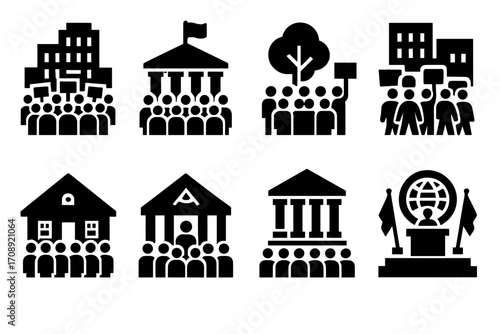 Protest and government buildings silhouette icon set. featuring rally, courthouse, demonstration, and city hall icons
