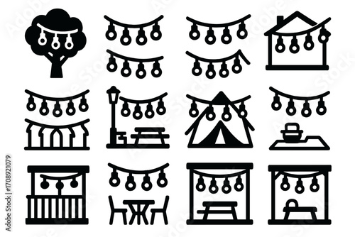 Festive outdoor silhouette icon set. featuring lights, house, tree, tent, picnic, gazebo, bench, boat
