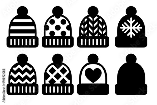 Winter beanies silhouette icon set. featuring striped, polka dot, herringbone, snowflake, zigzag, checkered, heart, plain designs