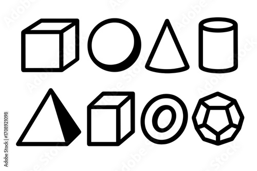 Geometric shapes silhouette icon set. featuring cube, sphere, cone, cylinder, pyramid, cuboid, torus, dodecahedron