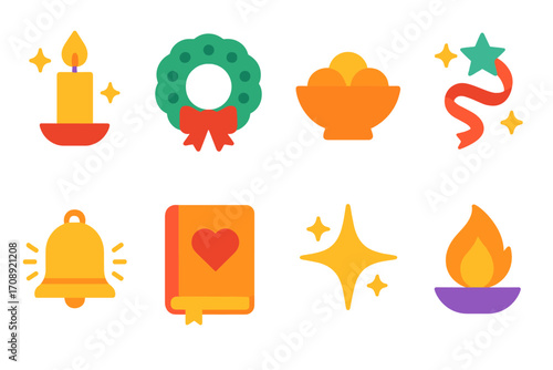 Holiday celebration silhouette icon set. featuring candle, wreath, bowl, star, bell, book, sparkle, and lamp