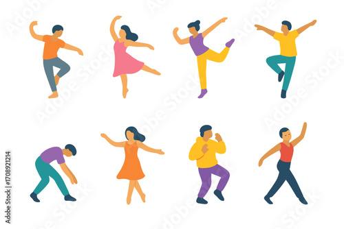 Dancing flat icon set. featuring ballet, salsa, hip-hop, tango, breakdance, disco, jazz, contemporary