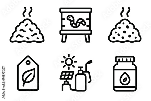 Gardening and composting linear icon set. featuring compost, worm bin, fertilizer, plant tag, solar panel, sprayer, jar.