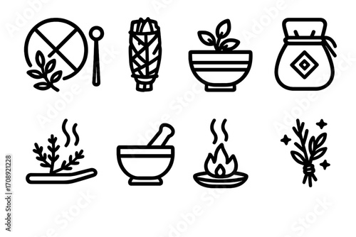 Witchcraft linear icon set. featuring herbs, sage, cauldron, pouch, spell, mortar, fire, wand symbols