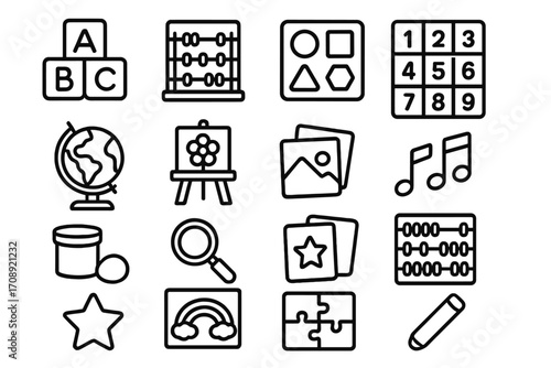 Education tools linear icon set. featuring alphabet blocks, abacus, shapes, numbers, globe, easel, music, and puzzle