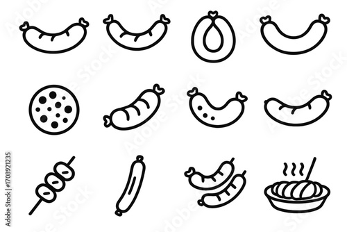 Sausage silhouette icon set. featuring chorizo, bratwurst, salami, hot dog, kebab, and barbecue symbols