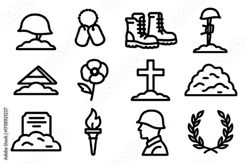Memorial day silhouette icon set. featuring helmet, dog tags, boots, poppy, cross, gravestone symbols