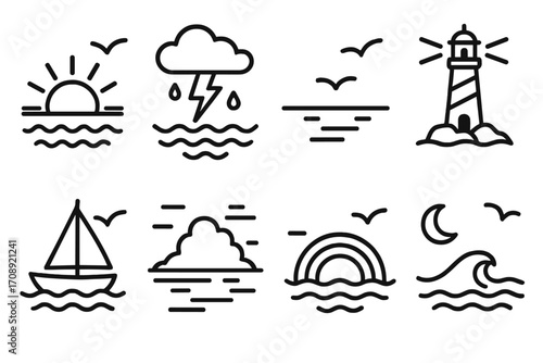 Nature and sea linear icon set. featuring sun, storm, lighthouse, sailboat, cloud, rainbow, wave