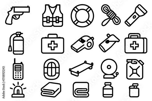 Emergency supplies linear icon set. featuring first aid kit, whistle, flashlight, and fire extinguisher symbols