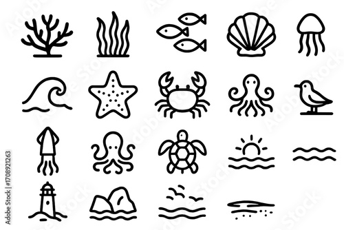 Marine life linear icon set. featuring coral, seaweed, fish, shell, jellyfish, starfish, crab, and octopus