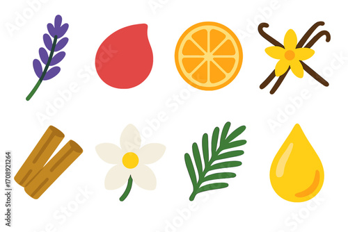 Essential oils flat icon set. featuring lavender, rose, orange, vanilla, cinnamon, jasmine, pine, lemon