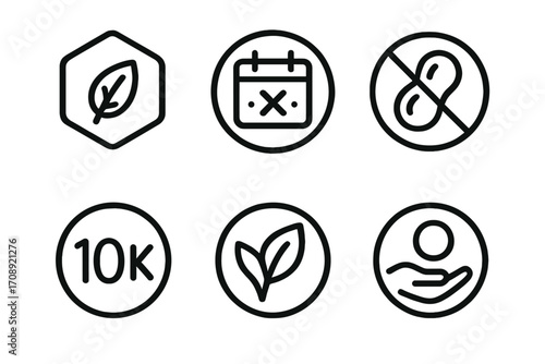 Fitness and health linear icon set. featuring leaf, calendar, peanut-free, 10k, plant, and wellness symbols