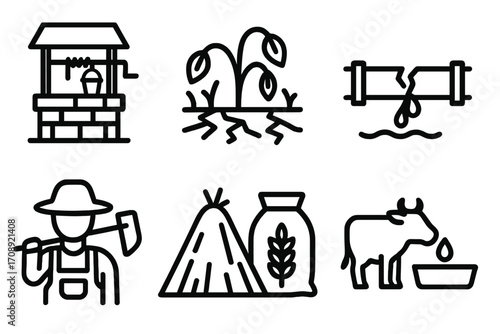 Agriculture linear icon set. featuring well, drought, irrigation, farmer, harvest, and livestock symbols