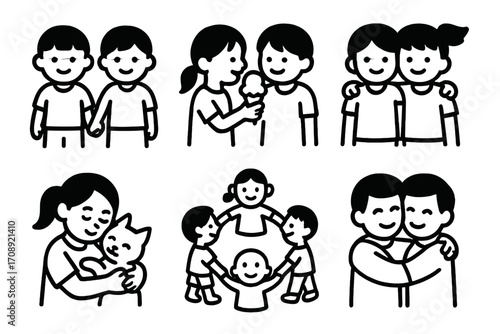 Friendship and family silhouette icon set. featuring friends, ice cream, siblings, hug, family, and love symbols