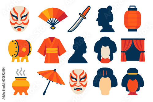 Japanese culture flat icon set. featuring mask, fan, samurai, lantern, drum, kimono, geisha, umbrella