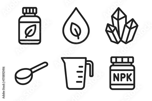 Fertilizer production linear icon set. featuring bottle, drop, crystal, spoon, measuring jug, and npk symbols