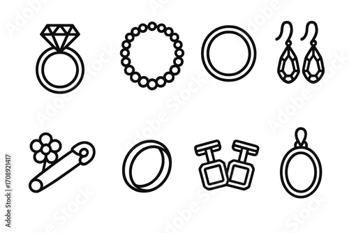 Jewelry silhouette icon set. featuring ring, bracelet, necklace, earrings, brooch, and cufflinks.