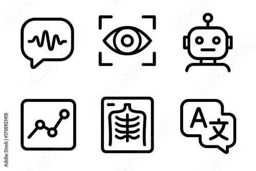Healthcare and ai linear icon set. featuring diagnostics, vision, robotics, analytics, radiography, translation