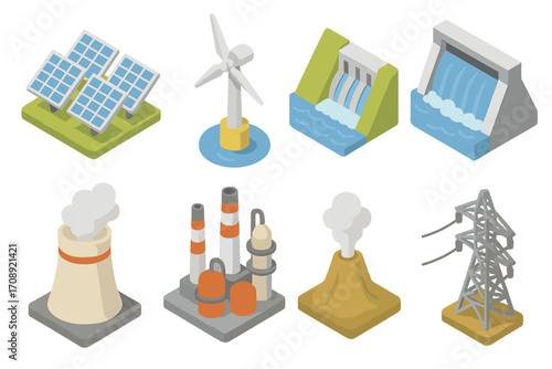 Energy production flat icon set. featuring solar panels, wind turbine, hydroelectric dam, nuclear plant, and power lines