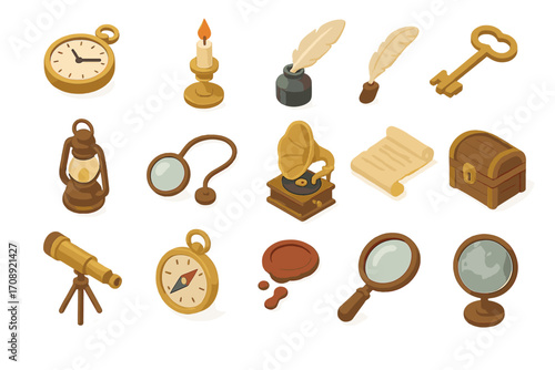 Vintage objects flat icon set. featuring clock, candle, quill, key, lantern, telescope, compass, gramophone