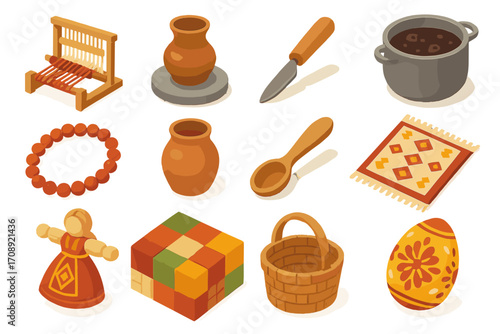 Craft tools and items flat icons set. featuring weave, pottery, knife, stew, bracelet, jar, spoon, quilt, doll, cube, basket, egg