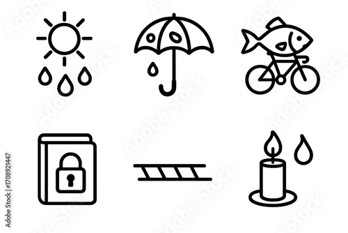 Weather and lifestyle linear icon set. featuring sun, umbrella, bicycle, book, barrier, and candle symbols