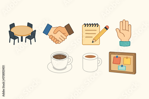 Office essentials flat icons set. featuring meeting, handshake, notepad, coffee, and bulletin board symbols