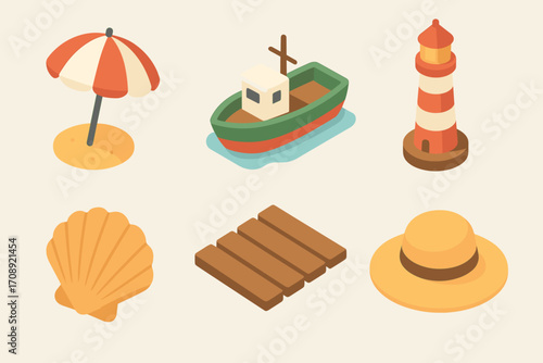Beach vibes flat icon set. featuring umbrella, boat, lighthouse, shell, pier, and hat symbols