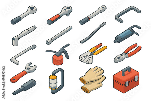 Mechanic tools flat icon set. featuring wrench, ratchet, hex key, oil can, pliers, gloves, and toolbox symbols