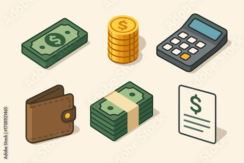 Finance 3d icon set. featuring money, calculator, wallet, dollar bill, coins, and invoice symbols