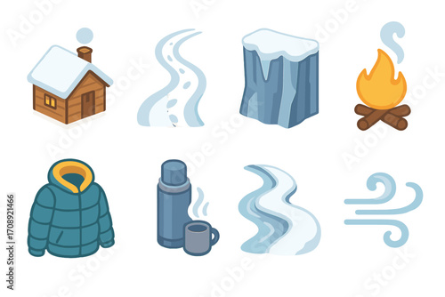 Winter elements flat icon set. featuring cabin, chimney, snow, fire, jacket, thermos, steam, wind