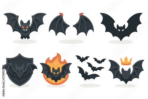 Halloween bats silhouette icon set. featuring wings, fire, shield, crown, and spooky bat symbols
