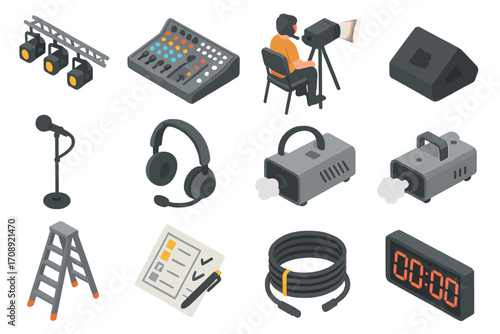 Music production isometric icon set. featuring lights, mixer, producer, speaker, microphone, headphones, smoke machine, ladder, checklist, cable, timer