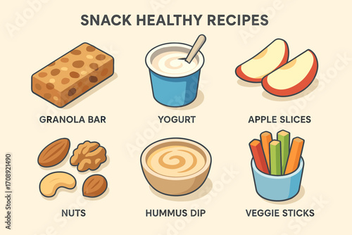 Healthy snacks flat icon set. featuring granola bar, yogurt, apple slices, nuts, hummus dip, veggie sticks