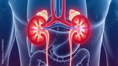 Anatomical illustration of the human kidney and urinary system with a focus on kidney health, renal function, and potential diabetes complications