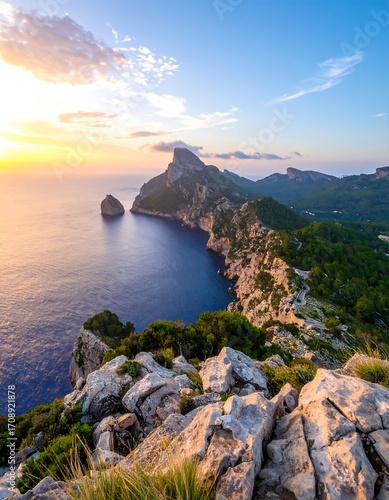 Coastal sunrise over rocky cliffs