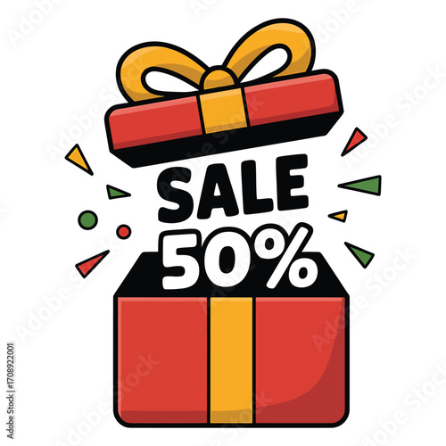A vibrant illustration of a gift box with a 50 sale message, , ideal for marketing materials and promotional campaigns, offering a festive and eyecatching design