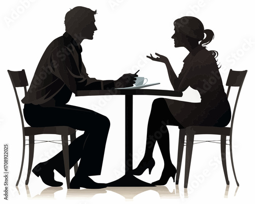 Silhouette of a man and woman sitting at a table with a cup and pen having a conversation together