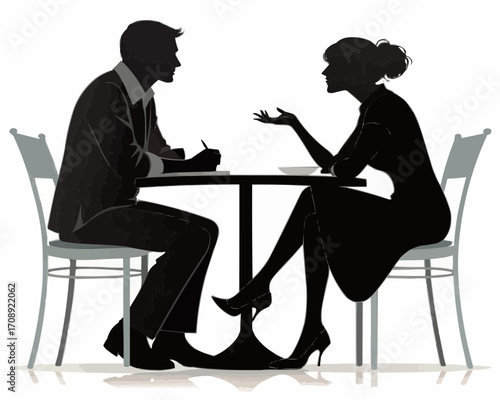 Silhouette of a man and woman sitting at a table in conversation with each other at a restaurant or cafe